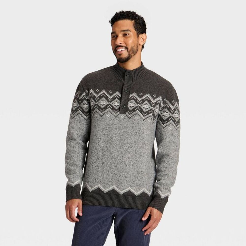 Men's Fair Isle Mock Neck Button Sweater - Goodfellow & Co Gray XL